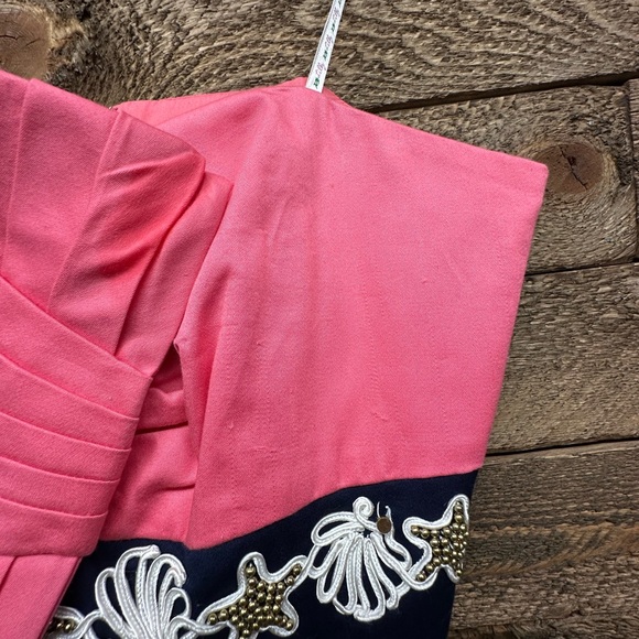 Lilly Pulitzer Strapless Colorblock Dress Pink & Navy Seashell Trim Size 6 - Picture 6 of 6